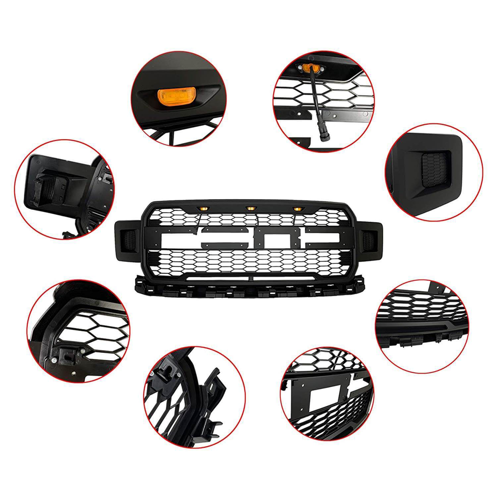 Front Grille Fit for 2018 2019 2020 F-150 Replacement Grill with 3 LED Lights