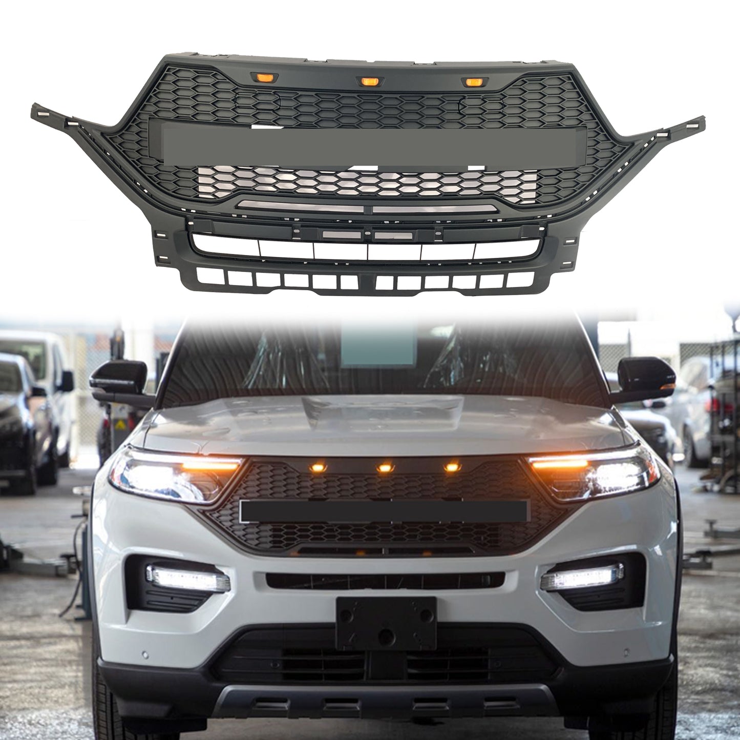 Front Grille Fits for Ford Explorer 2020 Grill with 3 Amber LED Lights